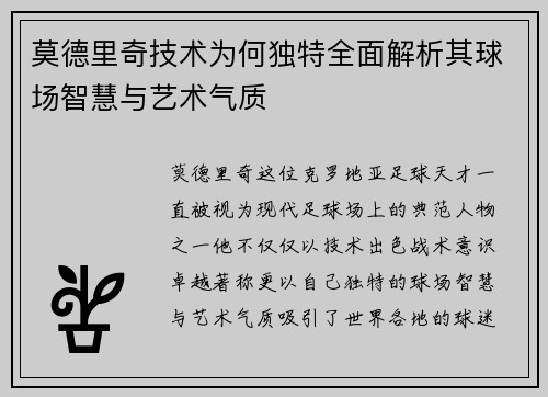 莫德里奇技术为何独特全面解析其球场智慧与艺术气质